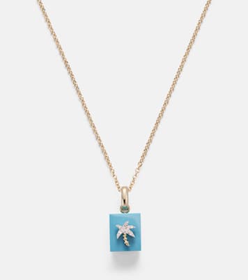 Set aus einzelnem Ohrring Palmier aus 9kt Gelbgold und Diamanten und Anhänger Le Cubo mit Türkis | Yvonne Léon