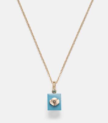 Set aus einzelnem Ohrring Palmier aus 9kt Gelbgold und Diamanten und Anhänger Le Cubo mit Türkis | Yvonne Léon