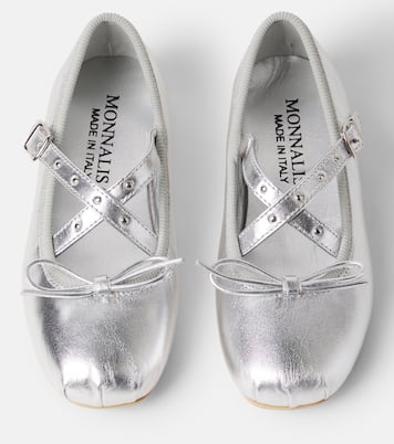 Bow-detail metallic leather ballet flats | Monnalisa