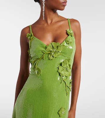 Floral-appliqué sequined jersey gown | Oscar de la Renta