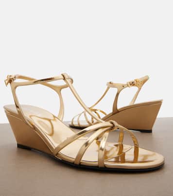 Metallic leather wedge sandals | Prada