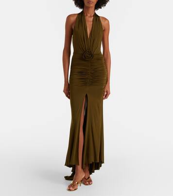 فستان طويل بطيات مجمعة ووردة أبليكيه | Blumarine