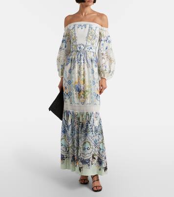 Robe longue en lin et soie à à encolure bardot et fleurs | Camilla