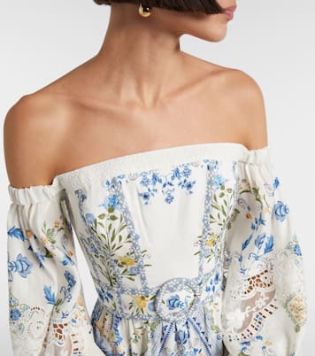 Robe longue en lin et soie à à encolure bardot et fleurs | Camilla