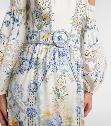 Robe longue en lin et soie à à encolure bardot et fleurs | Camilla