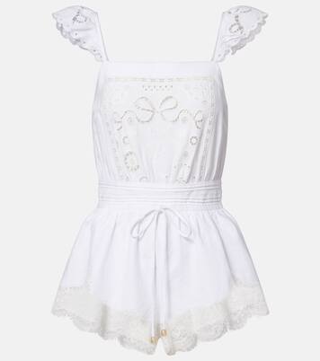 Embroidered linen and cotton organza romper | Self-Portrait
