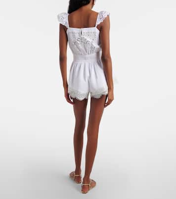 Embroidered linen and cotton organza romper | Self-Portrait