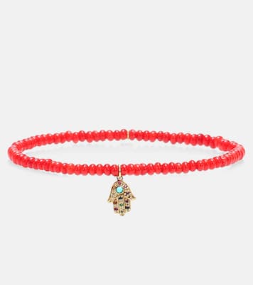 Baby Hamsa Rainbow bamboo coral and 14kt gold beaded bracelet with sapphires | Sydney Evan