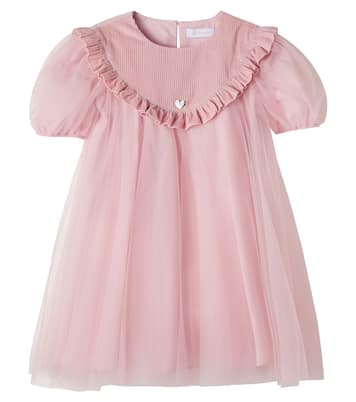 Corduroy-trimmed ruffled tulle dress | Monnalisa