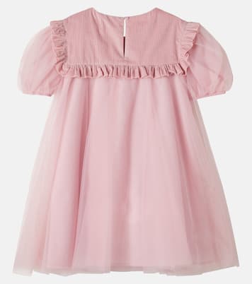 Corduroy-trimmed ruffled tulle dress | Monnalisa