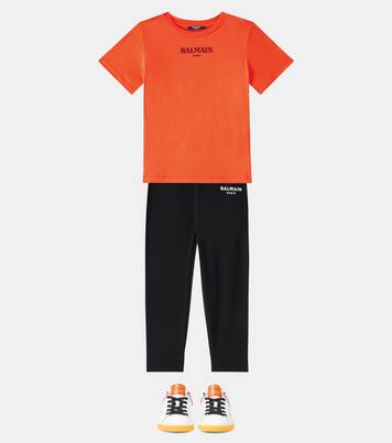 Logo cotton-blend jersey leggings | Balmain Kids