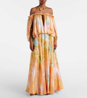 Luna off-shoulder printed silk chiffon gown | Zimmermann