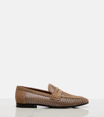 Perforated suede-trimmed leather penny loafers | Brunello Cucinelli