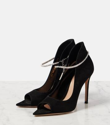 Crystal-embellished suede peep-toe pumps | Gianvito Rossi