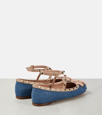Rockstud leather-trimmed denim ballet flats | Valentino Garavani