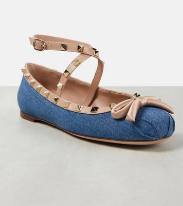 Rockstud leather-trimmed denim ballet flats | Valentino Garavani