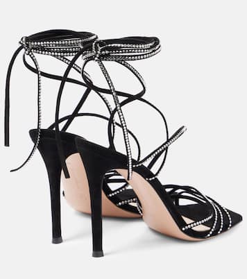 Sandalen Ankletie 105 aus Veloursleder mit Kristallen | Gianvito Rossi