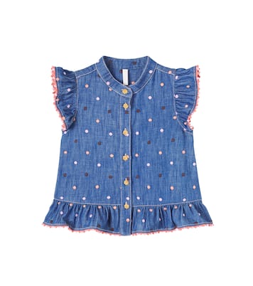 Embroidered polka-dot ruffled denim top | Zimmermann Kids
