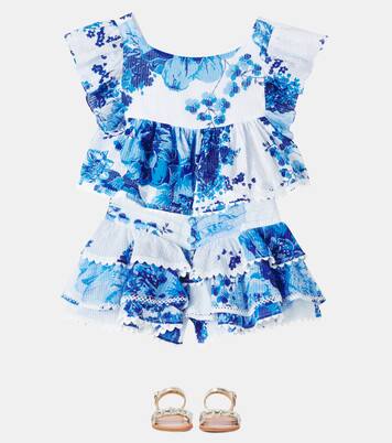Floral ruffled tiered cotton shorts | Poupette St Barth Kids