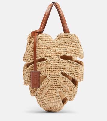 Palm leather-trimmed raffia top-handle bag | Staud