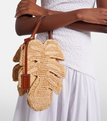 Palm leather-trimmed raffia top-handle bag | Staud
