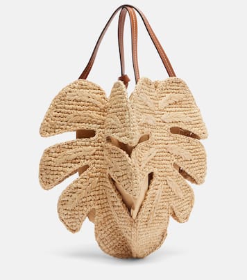 Palm leather-trimmed raffia top-handle bag | Staud