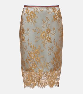 Embroidered leather-trimmed lace midi skirt | Jacques Wei