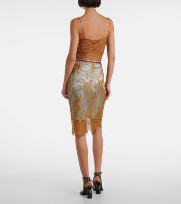 Embroidered leather-trimmed lace midi skirt | Jacques Wei