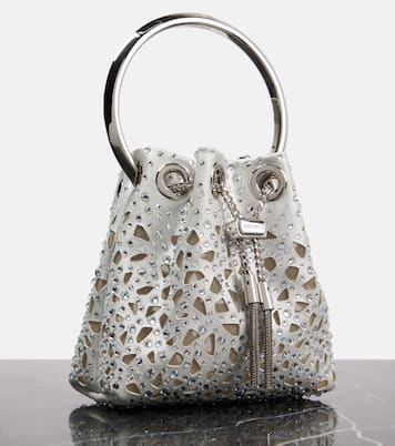 Bon Bon Micro laser-cut satin bucket bag | Jimmy Choo