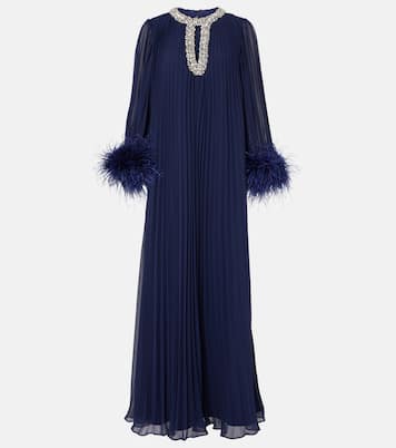 Plissé feather-trimmed chiffon maxi dress | Self-Portrait