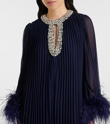 Plissé feather-trimmed chiffon maxi dress | Self-Portrait