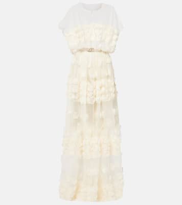 Floral-appliqué belted sheer gown  | Norma Kamali