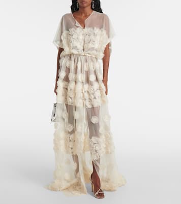 Floral-appliqué belted sheer gown  | Norma Kamali