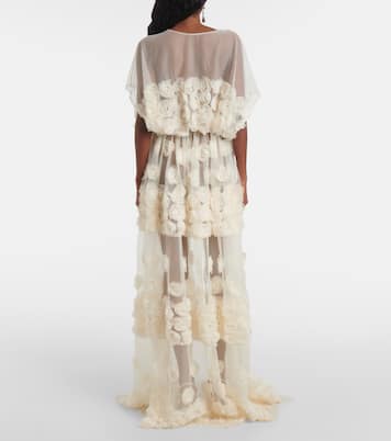 Floral-appliqué belted sheer gown  | Norma Kamali