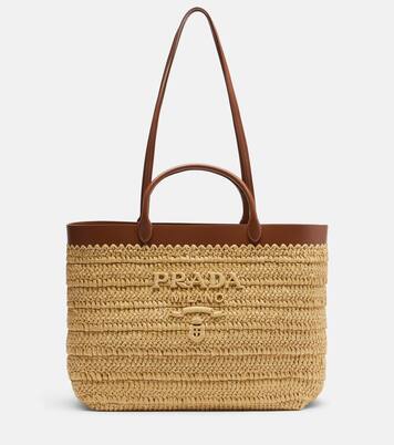 Medium leather-trimmed raffia tote bag | Prada