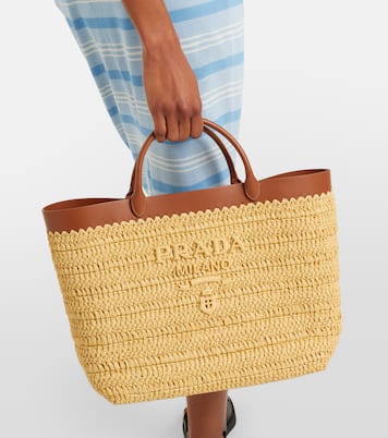 Medium leather-trimmed raffia tote bag | Prada