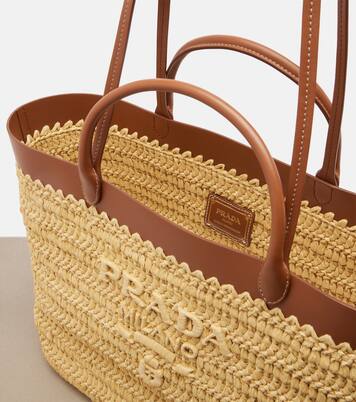 Medium leather-trimmed raffia tote bag | Prada