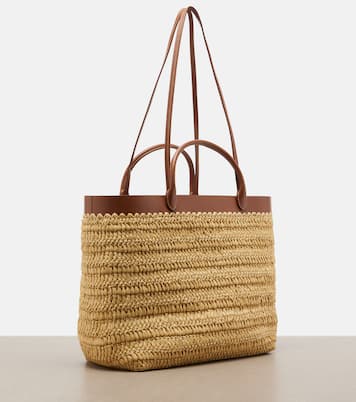 Medium leather-trimmed raffia tote bag | Prada