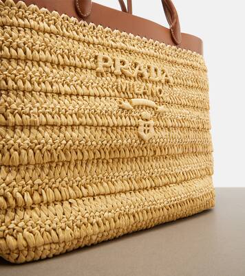 Medium leather-trimmed raffia tote bag | Prada