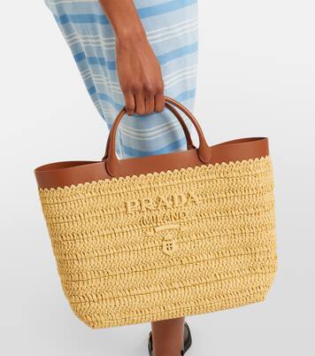 Medium leather-trimmed raffia tote bag | Prada