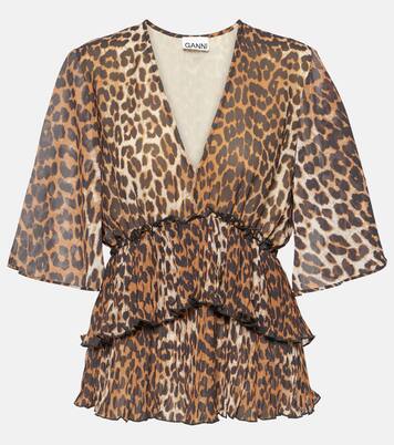 Leopard-print tiered georgette blouse | Ganni