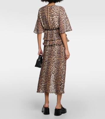 Leopard-print tiered georgette blouse | Ganni
