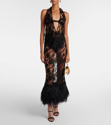 فستان ميدي من الدانتيل مقلّم بالريش مع ورود | Dolce&Gabbana