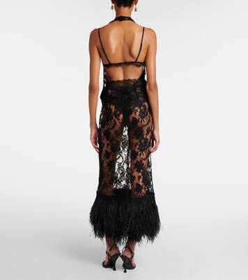 فستان ميدي من الدانتيل مقلّم بالريش مع ورود | Dolce&Gabbana