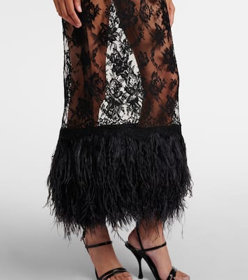 فستان ميدي من الدانتيل مقلّم بالريش مع ورود | Dolce&Gabbana