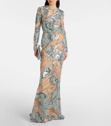 Robe longue brodée en soie mélangée | Elie Saab