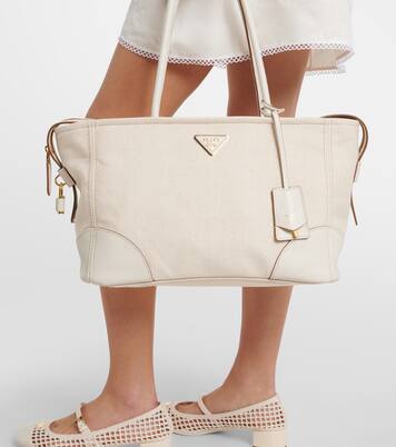 Large leather-trimmed canvas tote bag | Prada