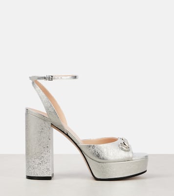 Horsebit metallic leather platform sandals | Gucci