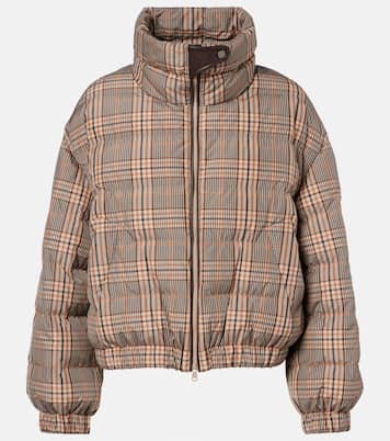 Checked leather-trimmed down jacket | Brunello Cucinelli