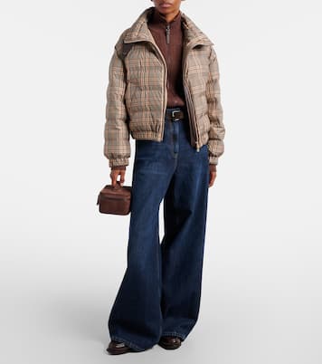 Checked leather-trimmed down jacket | Brunello Cucinelli